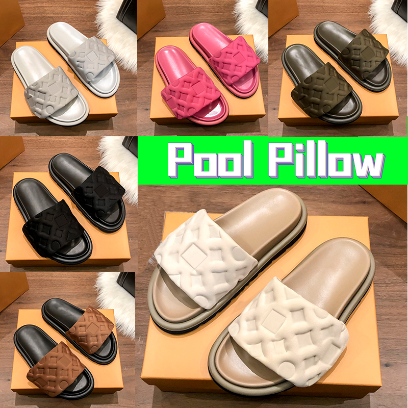

Women Slippers sandals Designer Pool Pillow Slides Flat Comfort Slipper Embossed Mules Luxury mens shoes Slide beige nylon Cool Summer Slipper womens beach Sandal, Shoes box