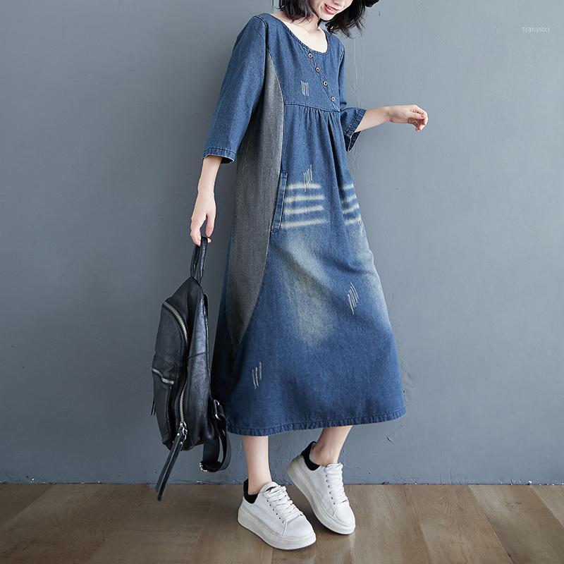 

Casual Dresses 2022 Spring Women Denim Dress Vintage Temperament Simple Patchwork Loose Knee Length Scratch Bleaches Three Quarter Vestido, Blue