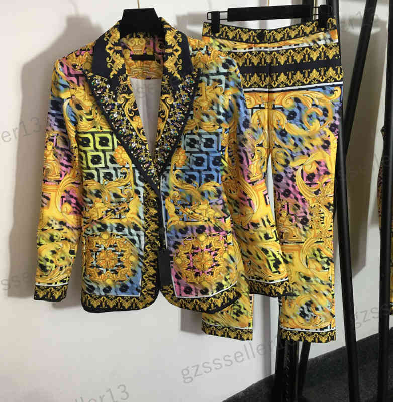 

Womens Two Piece Pants Collaboration Designer Suit F Letter Retro Print Blazer Pants Sets Size S- 0912