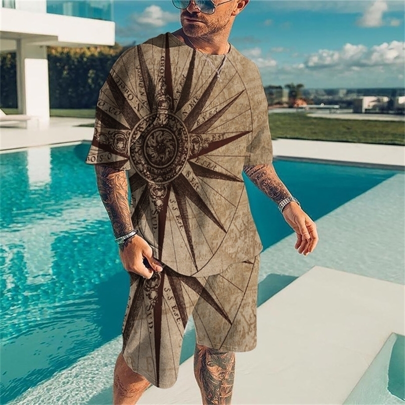 Spring And Summer Mens Womens Classic 3D Captain World Map Printing Suit Crew Neck Large Size T shirt Shorts 2 Piece Set 220621