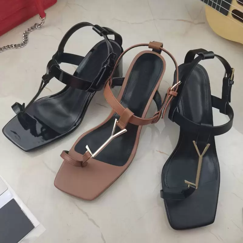 

summer High heeled sandals party fashion 100% leather women Work shoe designer sexy heels Lady Metal Belt buckle Thick Heel black Woman shoes Large size 34-41-42 With box, Black[black buckle]-sandals