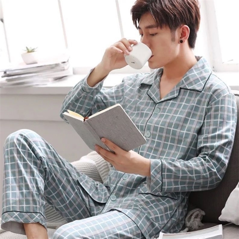 100% Pijama for Men 2 Pieces Lounge Sleepwear Pyjamas Plaid spring Bedgown Home Clothes Man PJs Pure Cotton Pajamas Set 220720