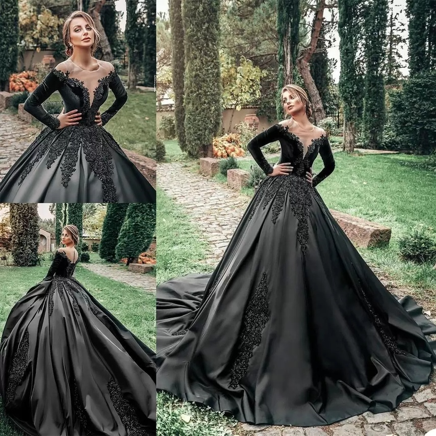 2022 Princess Plus Size Unique Black Gothic Ball Gown Wedding Dresses Bridal Gowns Sheer Neck Satin Long Sleeves Lace Appliqued Beading Dress Mar