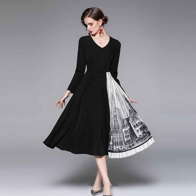 

Runway Designer Autumn Winter Vintage Dress Ol Elegant Floral Print Chiffon Splicing Midi Pleated Robe Women Clothing, Black