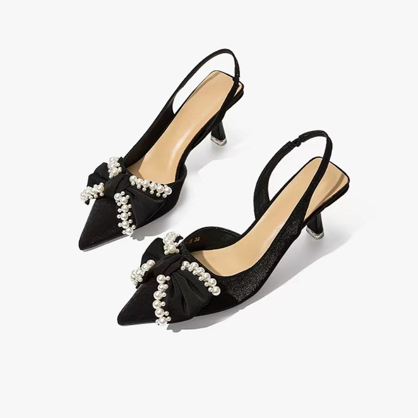 

designer women sandals fashion trend bow satin high heel sandals pointed shallow mouth pearl Dress shoes, Preservatives