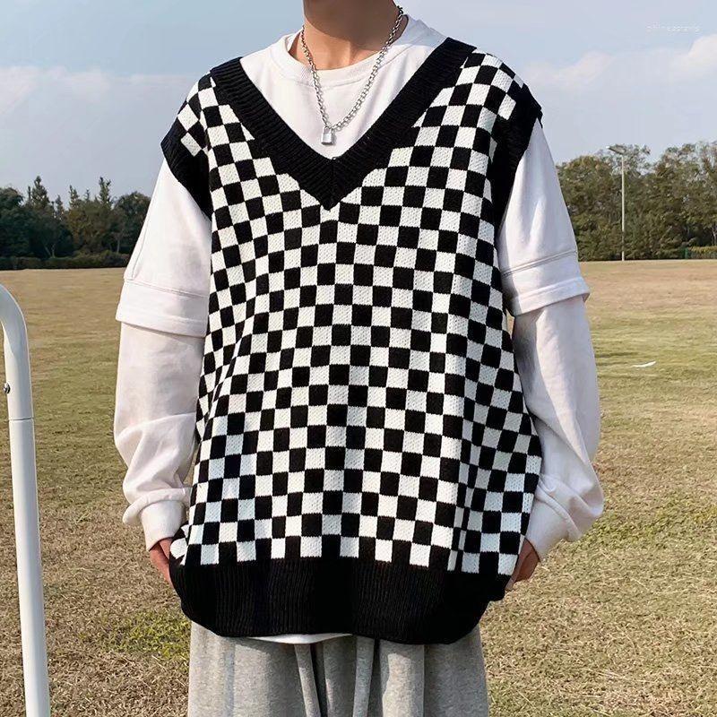

Men's Vests Autumn Plaid Sweater Vest Men Fashion Retro V-neck Knitted Pullover Korean Loose Sleeveless Mens Jumper ClothesMen's Phin22, Black