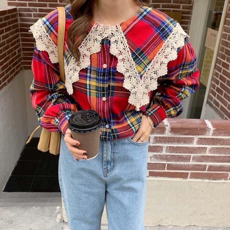 

Women's Blouses & Shirts 2022 Woman Spring Sweet Doll Collar Lace Stitching Shirt Korean Chic Plaid Lantern Sleeve Retro Casual Loose Clothi, Blue