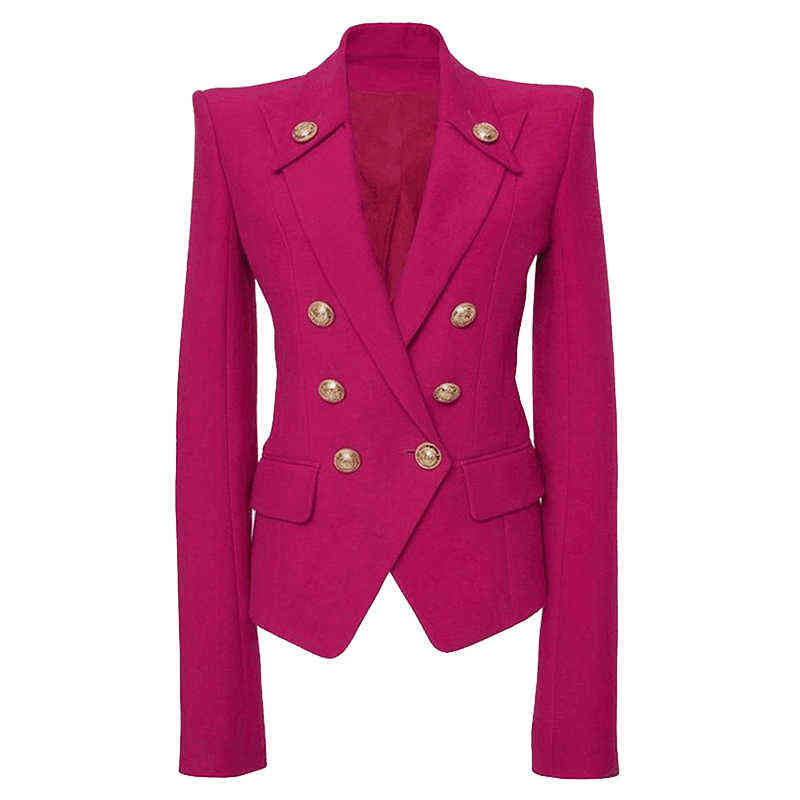 

High Quality Rose Red Women Blazer New Autumn Jacket Classic Gold Metal DoubleBreasted Buttons Fuchsia Blazer Women mujer J220813