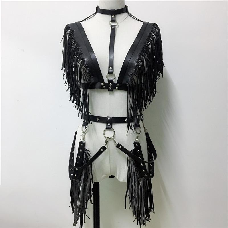 

Garters 2022 Top Design Body Bondage Garter Set Long Tassel Bra Harness Pentagram Rivet Belts Performance Sexy Lady Matching, Blue