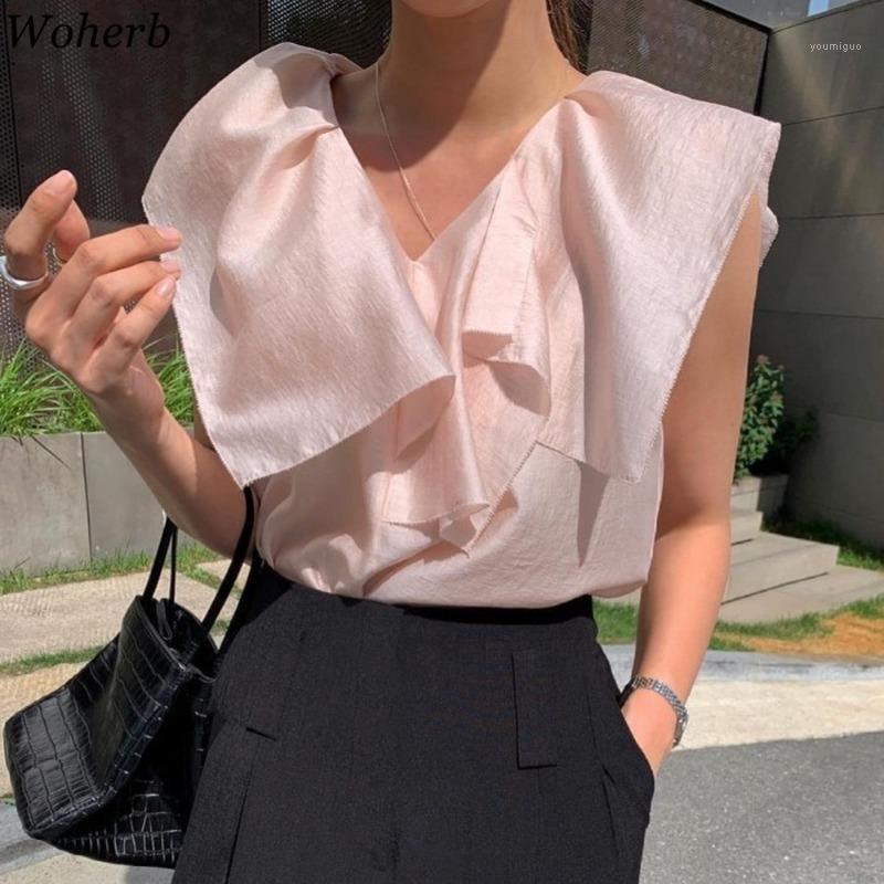 

Women's Blouses & Shirts Woherb Summer Fashion Thin Irregular Patchwork Blouse Women Flying Sleeve Elegant V Neck Korean Loose Temperament T, Pink