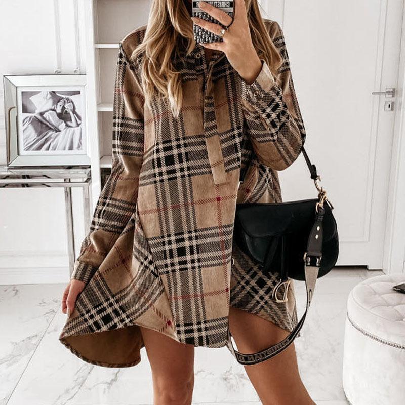 QNPQYX Casual Dresses Women Elegant Plaid Print Buttons Irregular Party Dress Office Lady Turn-Down Collar Shirt Loose Mini Vestido