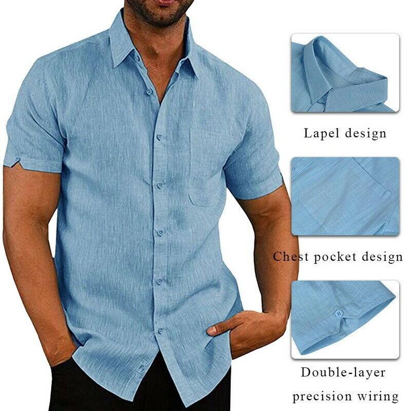 

Men's Casual Shirts Style Summer Lapel Short Sleeve Button Men's Linen Shirt Wear /40Men's, Black