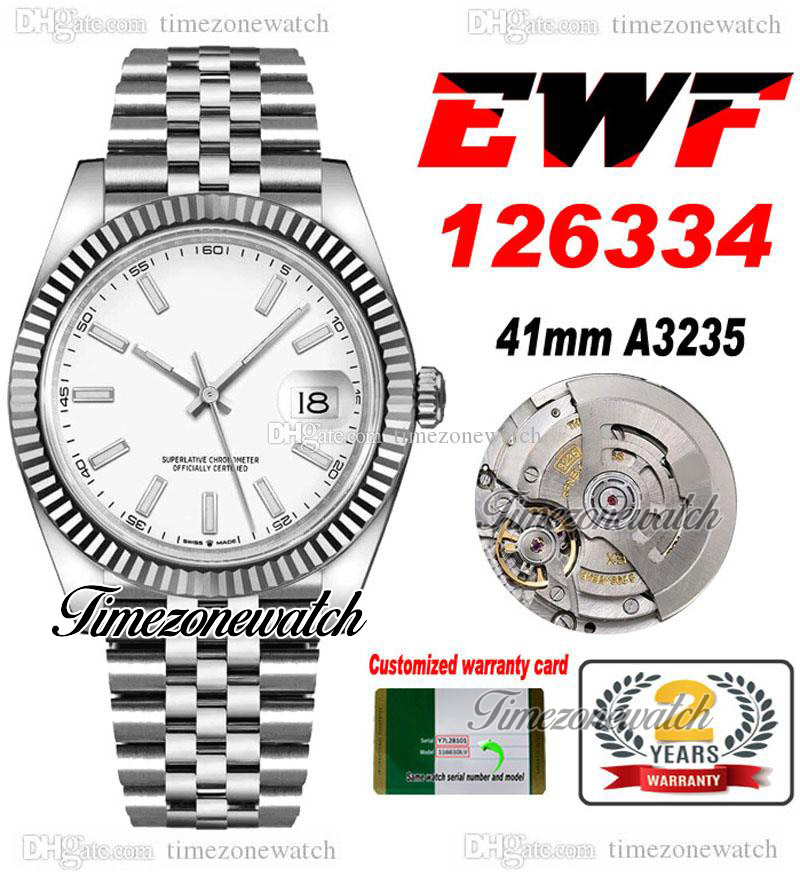 

EWF 41 126334 A3235 Automatic Mens Watch Fluted Bezel White Dial Stick Markers JubileeSteel Bracelet With Same Serial Card Super Edition Timezonewatch C3, Custom warranty card