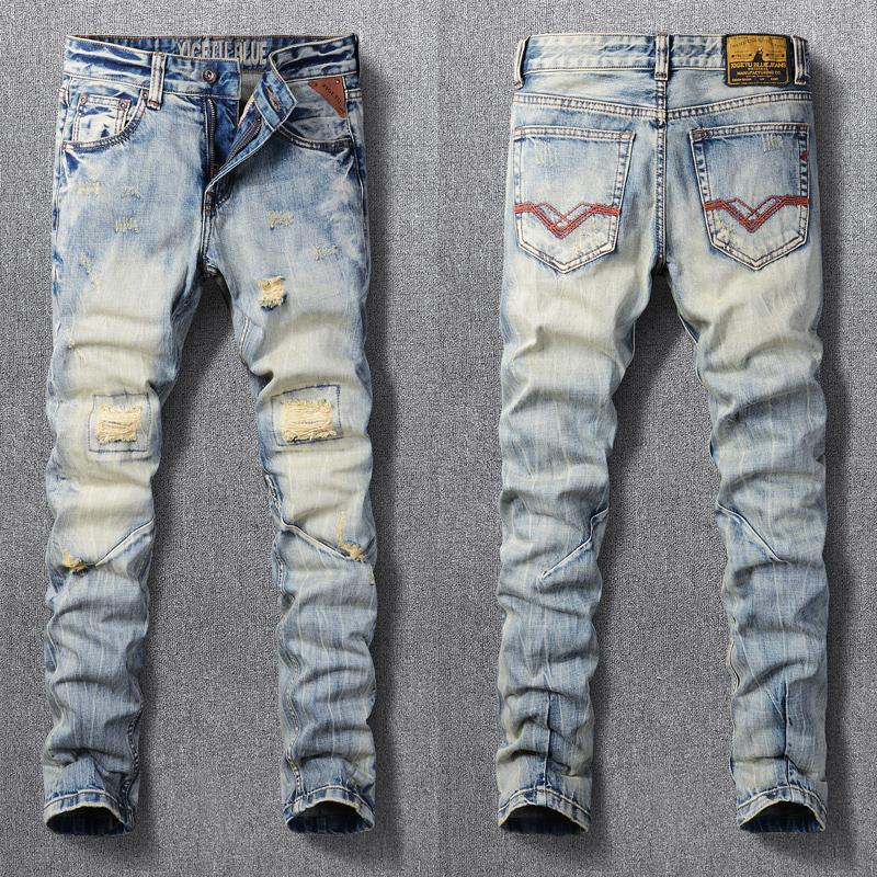 

Men's Jeans Street Style Fashion Men High Quality Retro Slim Fit Destroyed Ripped Vintage Designer Hip Hop Denim Hole Pants, Retro yellow blue