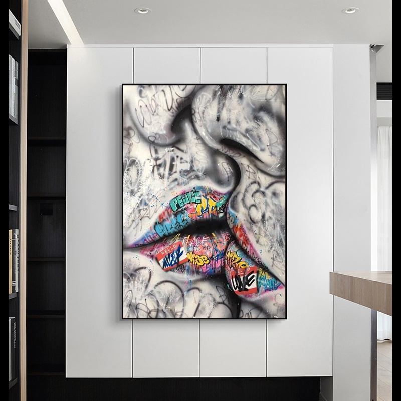 

Lover Kissing Street Graffiti Art Painting on Canvas Posters and Prints Abstract Wall Art Picture for Living Room Home Decor