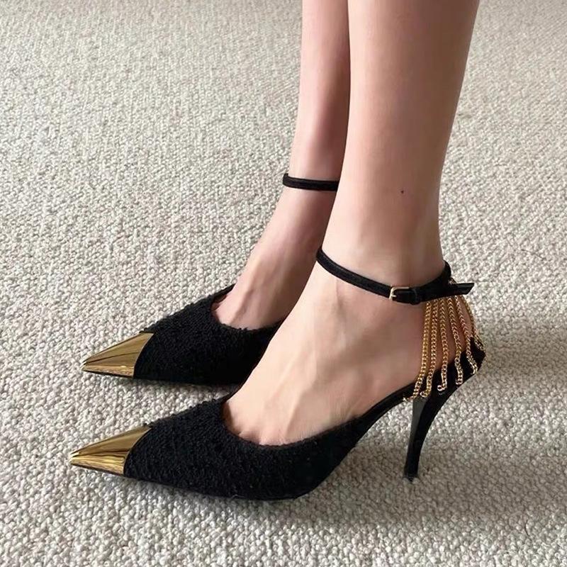 

Dress Shoes Chic Metal Pointed Toe Pumps Woman Summer Slingback Belt Buckle Talons Hauts Metalic Chain Stiletto High Heels Women 2022, Black