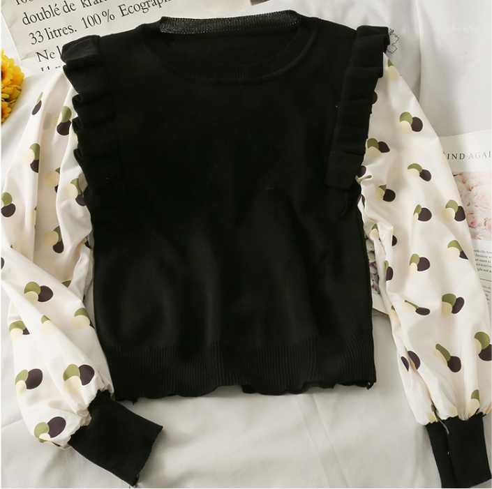 

Women's T-Shirt Summer Contrast Color Stitching Fake Two Pieces Of Wood Ear O Neck Knitted Slim Printed Long-sleeved, Black