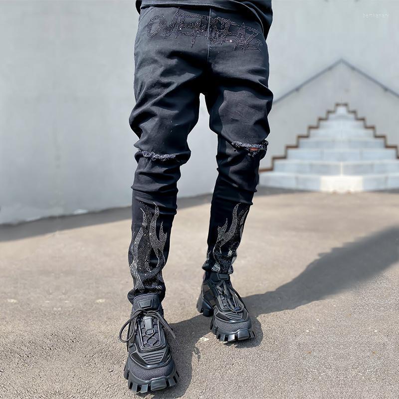 

Men's Jeans 2022 Ripped Drill Skinny Black Stretch Denim Pencil Pants MAN Street Punk Slim Fit Biker Trousers Bert22, Tz016-hole