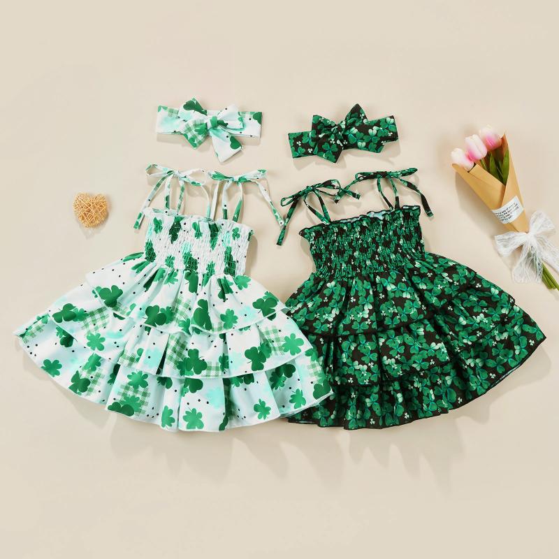 

Girl's Dresses Lucky 2Pcs Girls Summer Casual Dress Clover Print Tied Spaghetti Strap Layered Headband For Kids 1-5 YearsGirl's