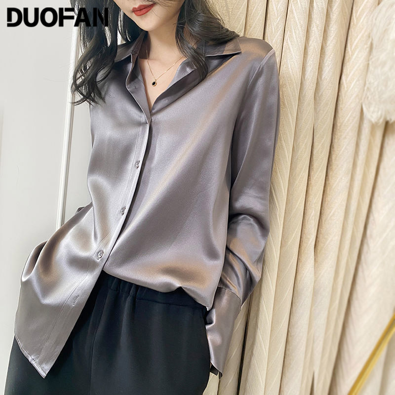 

DUOFAN Office Silk Satin Shirts New Spring Autumn Ladies Simple Blouse Tops Women Clothing Korean Loose Grey Shirt Blusas Mujer, Gray