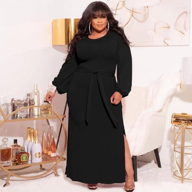 

Plus Size Dresses -5XL 2022 Fall Women Clothing Solid Color Loose Casual Long Sleeve Split Dress Wholesale DropPlus Jasp22, Black