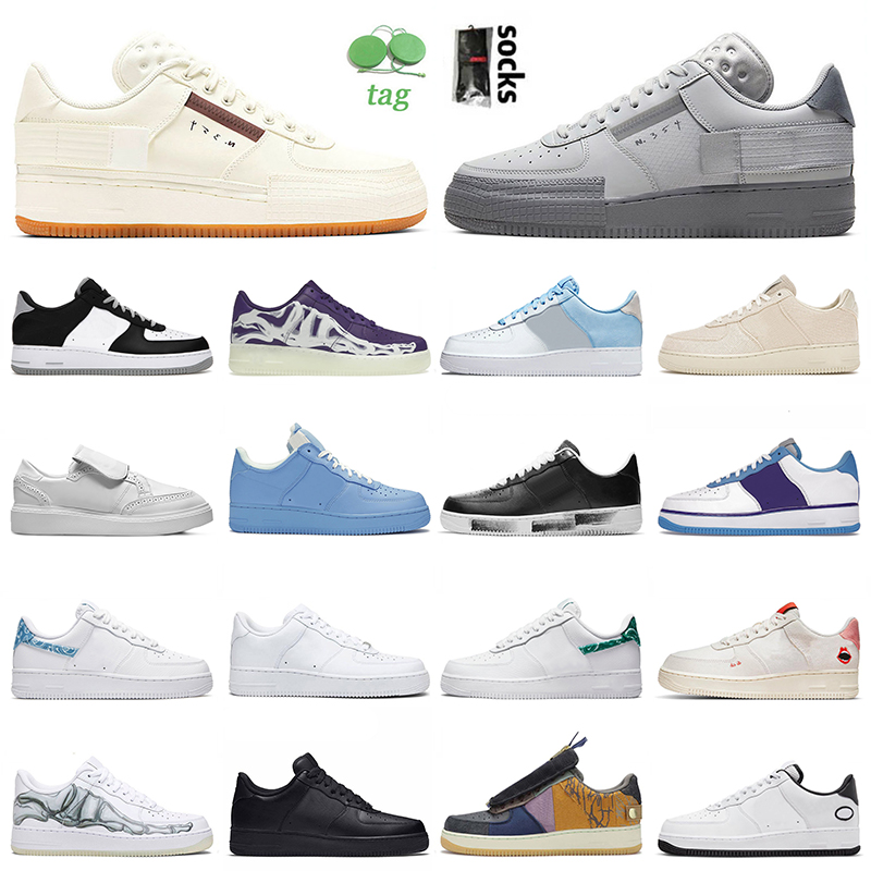 

2022 Top Quality One 1 Low Running Shoes N354 Grey Fog Sail Gum Raiders Black White Purple Skeleton Halloween Psychic Blue Paisley Green Mens Women Sneakers 36-45, D22 purple skeleton halloween 40-46