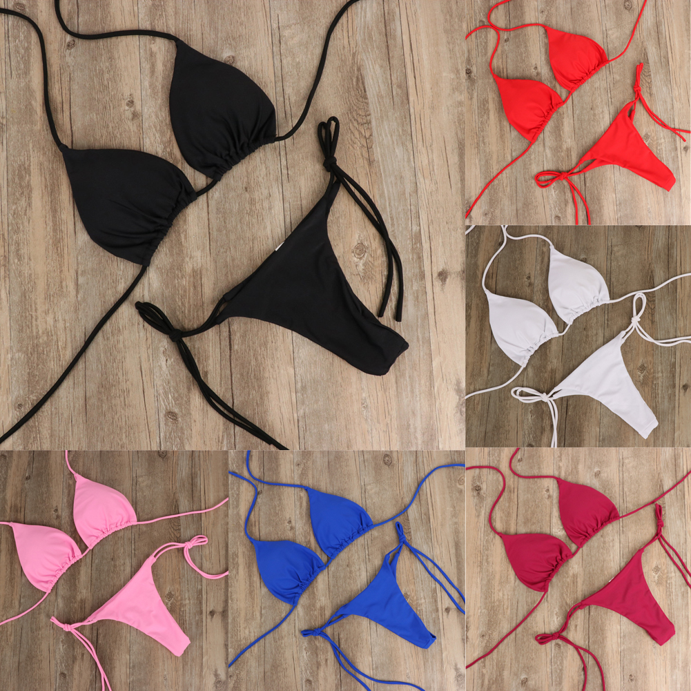 

2pcs Sexy Women Summer Swimwear Bikini Top Set Bra Underwear Tie Side G-String Thong Beach Triangle Tanning Swimsuit Bathing Swimming Suit, Black
