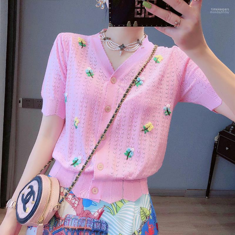 

Women' Knits & Tees Thin Pink Cardigan For Summer 2022 Sweater Shirt Fashion Crochet Hollow Out V Neck Button Up Short Sleeve White Tops Ti
