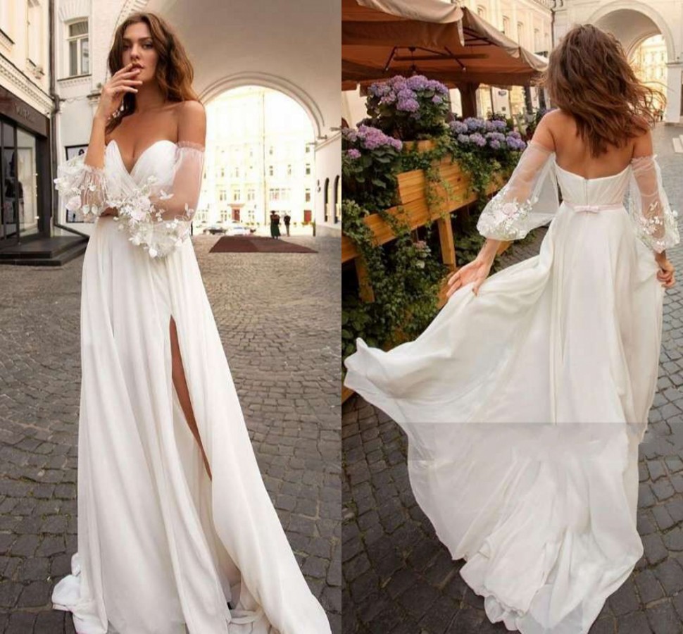 

Sexy Summer Wedding Dresses 2022 Lace Chiffon Bride Dress Puff Sleeve Split Side Bow Beach Wedding Gowns Vestido De Novia Mariage, White
