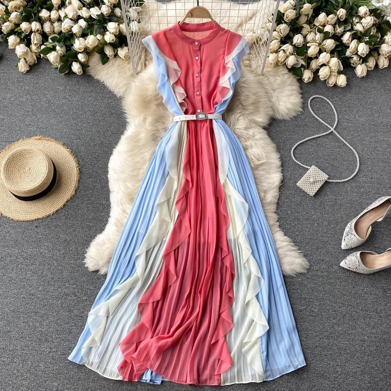 

Casual Dresses Banulin 2022 Summer Women Bohemian Long Dress Famale Ruffles Gradient Pleated Chiffon Rainbow Sweet, Blue