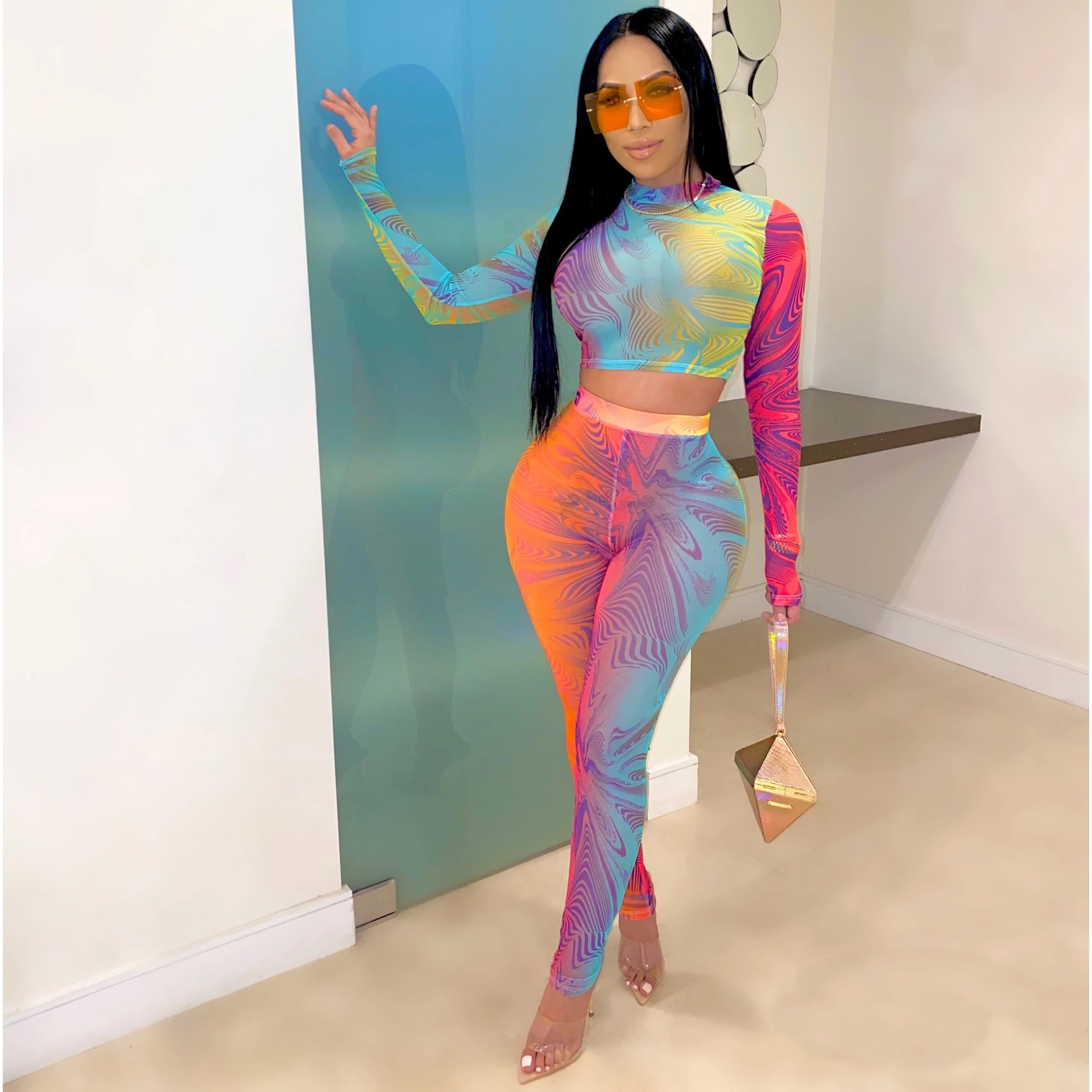 Women's Two Piece Pants Spring and Summer Gradient printed trouser suit
