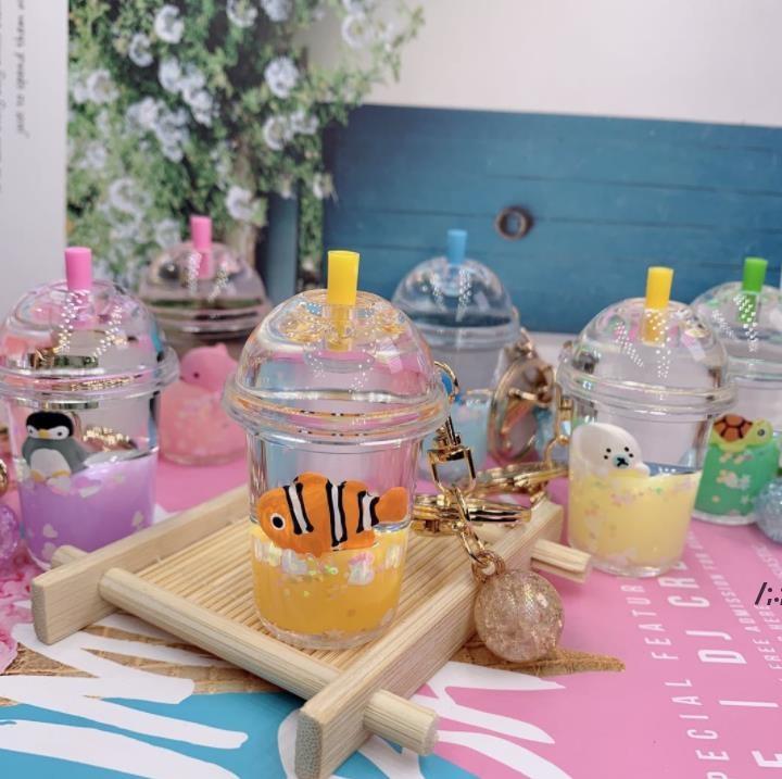 

Party Favor Animal bubble milk tea keychain Creative Mini Coconut Beverage Acrylic Moving Liquid Oil Drop Jewelry Gift LJJA12699