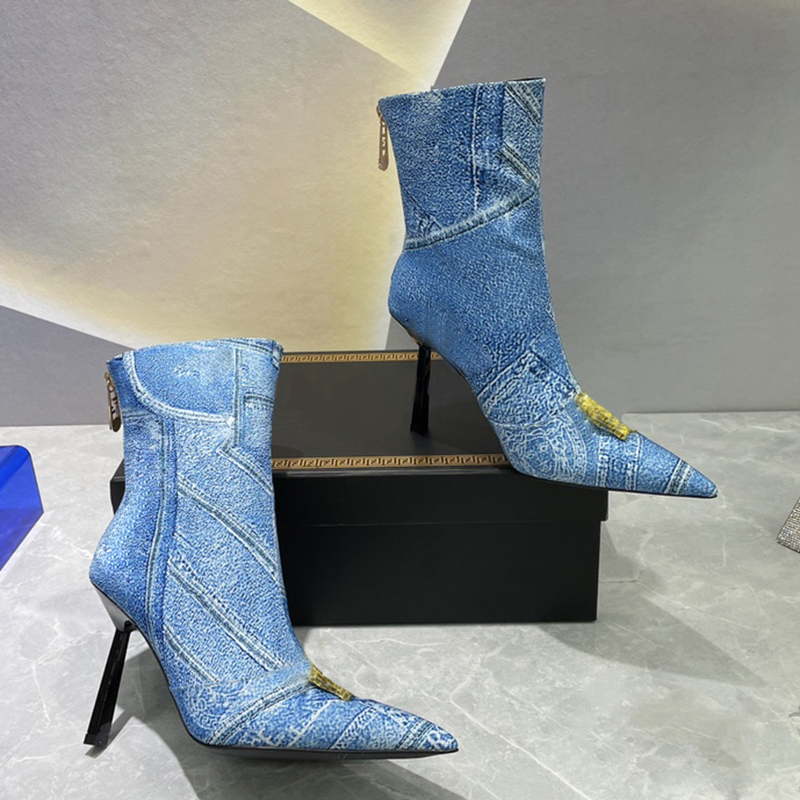 

Denim stiletto Ankle boots FF designer Medusa Classic buckle 9.5CM high heeled womens shoe Top quality Back zipper lacquered heel pointed to, Ff 6.5cm