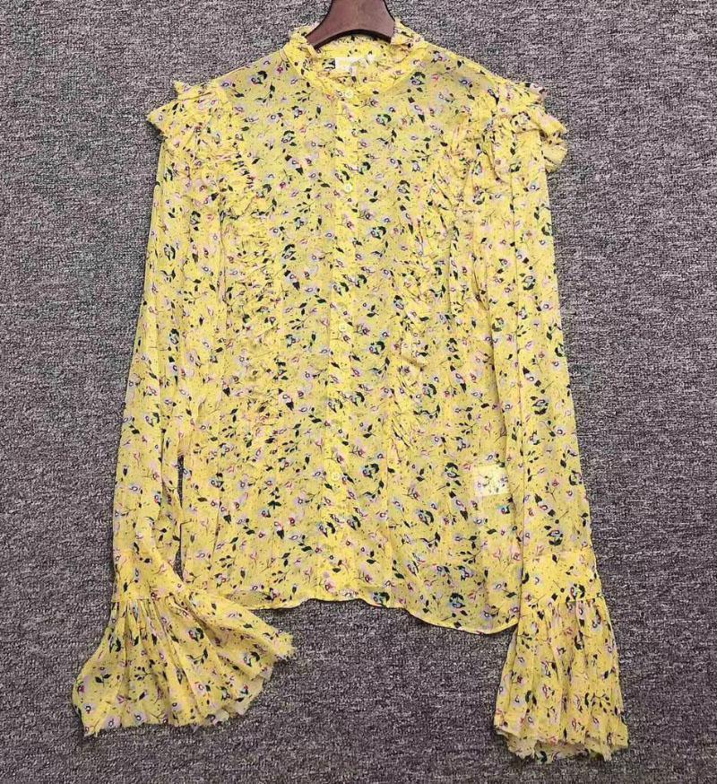 

Women's Blouses & Shirts [ElfStyle] - Yellow Floral Printed Muslin TWEET ANEMONE BLOUSE Ruffled Neck Long Sleeves Flared Cuffs Fashion Top
