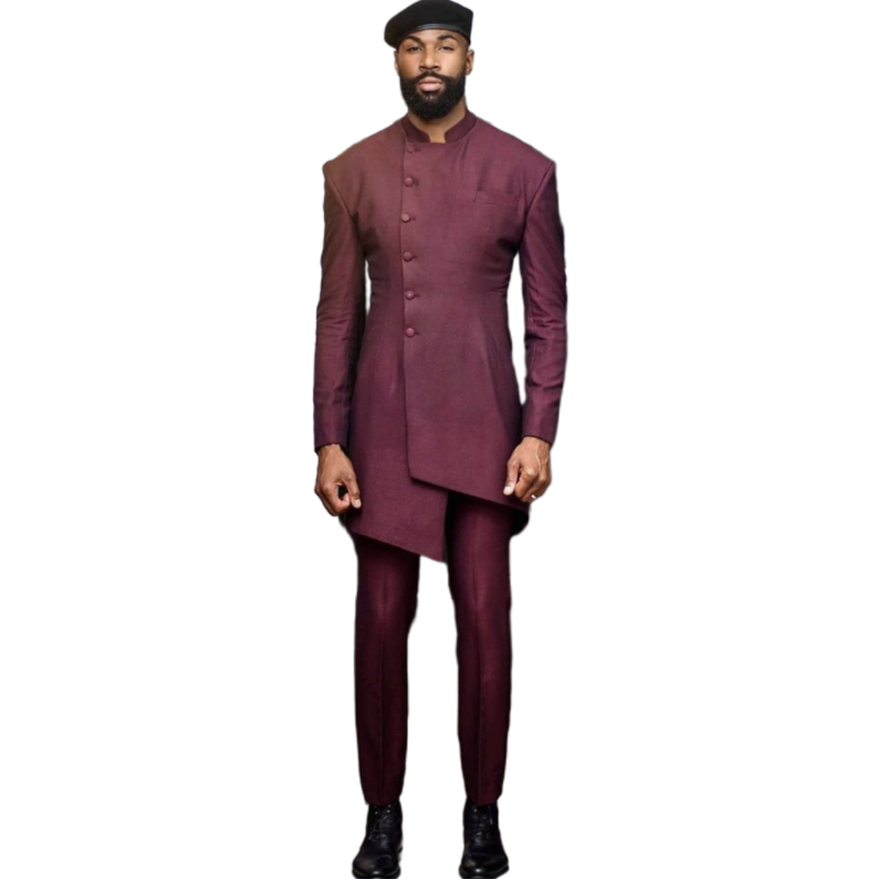 

Men's Suits & Blazers Arab Style Men Slim Fit 2 Pieces/Burgundy Long Coat & Pants/Wedding Man Groom Clothing/Stand Collar Set, Gray