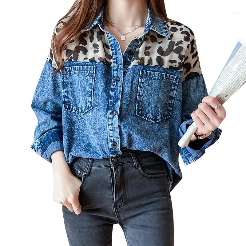 

Stitch Leopard Denim Spring Autumn Feminina Women' Vintage Long Sleeve Top Blouse Fashion Clothes 2022 D0606 Blouses & Shirts