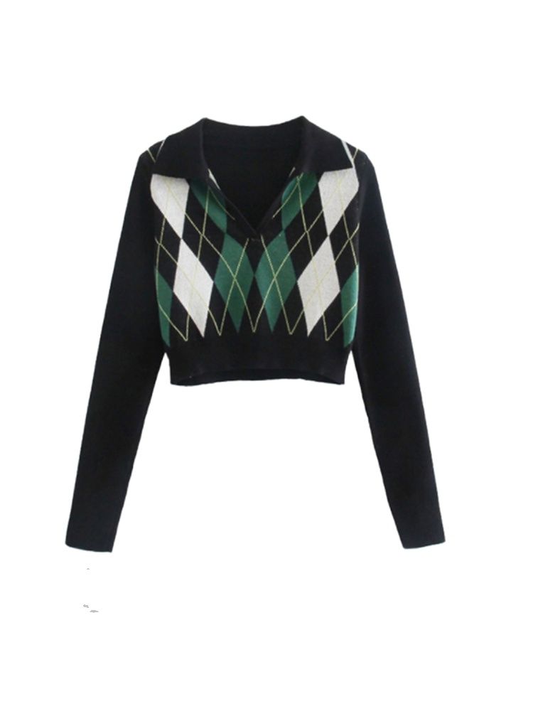 

Ladies Sweaters Autumn Winter New Plaid Long Sleeve Top Loose Polo Collar Sweater Women Sexy Fashion Knitted Pullover Femme, Green