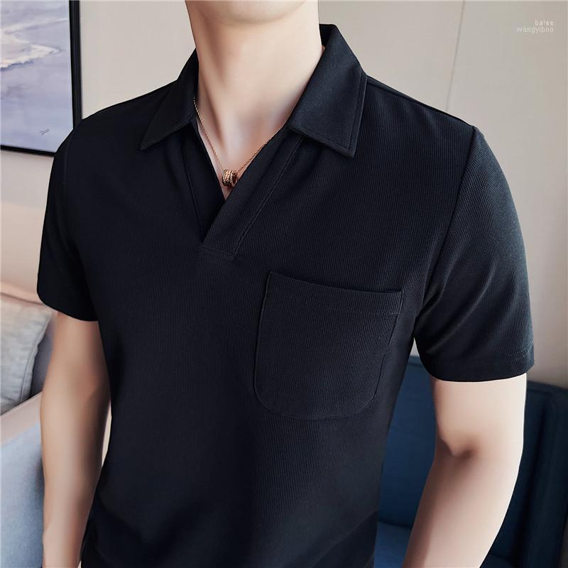 

Men's Polos Men T-shirt Summer Short Sleeve Slim Fit Breathable Top V Neck Mens Clothing Pockets Designer Casual Tee Camisa 2022Men's, Black