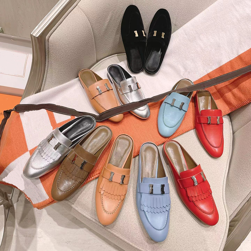 

Designer summer Classic women's slippers h metal buckle fashionable leather tassel Muller shoes velvet flat bottom Baotou flip flop, 01