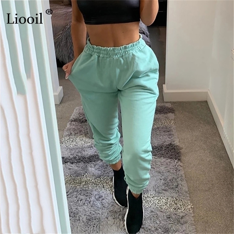 

Liooil Cotton High Waist Sweat Pants With Pockets Winter Fall Casual Loose Green Trousers Black Joggers Women Sweatpants 201228