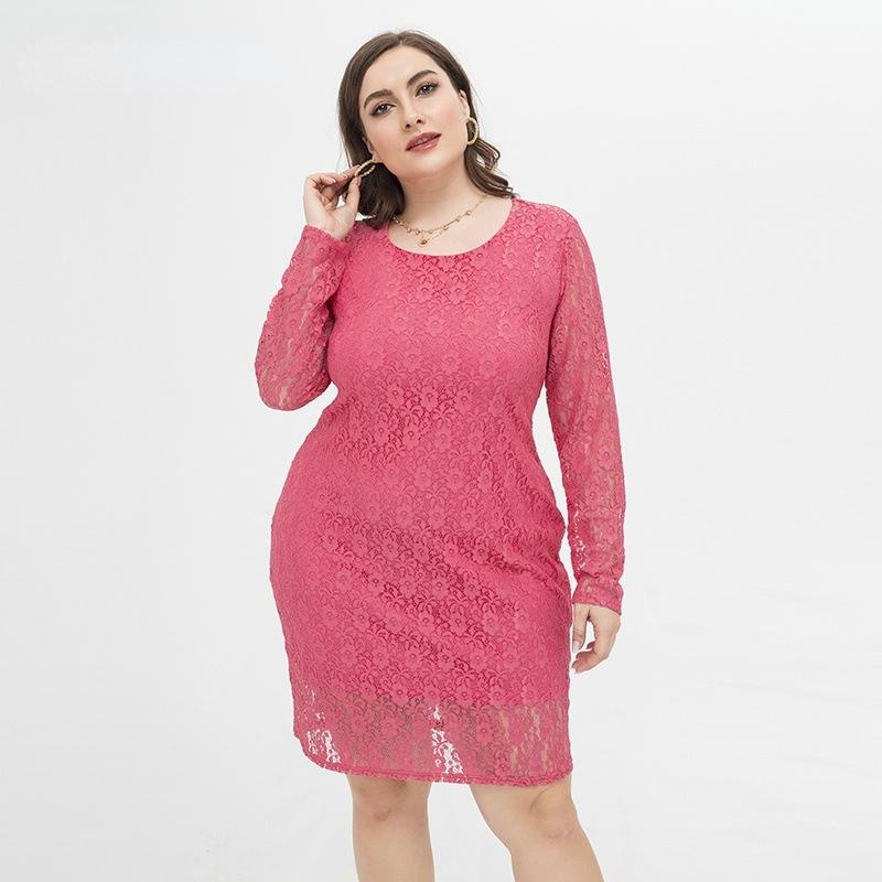 

Plus Size Dresses -4xl Women's Large Elegant One-piece Long Sleeve Lace Solid Slim Dress, Rose red