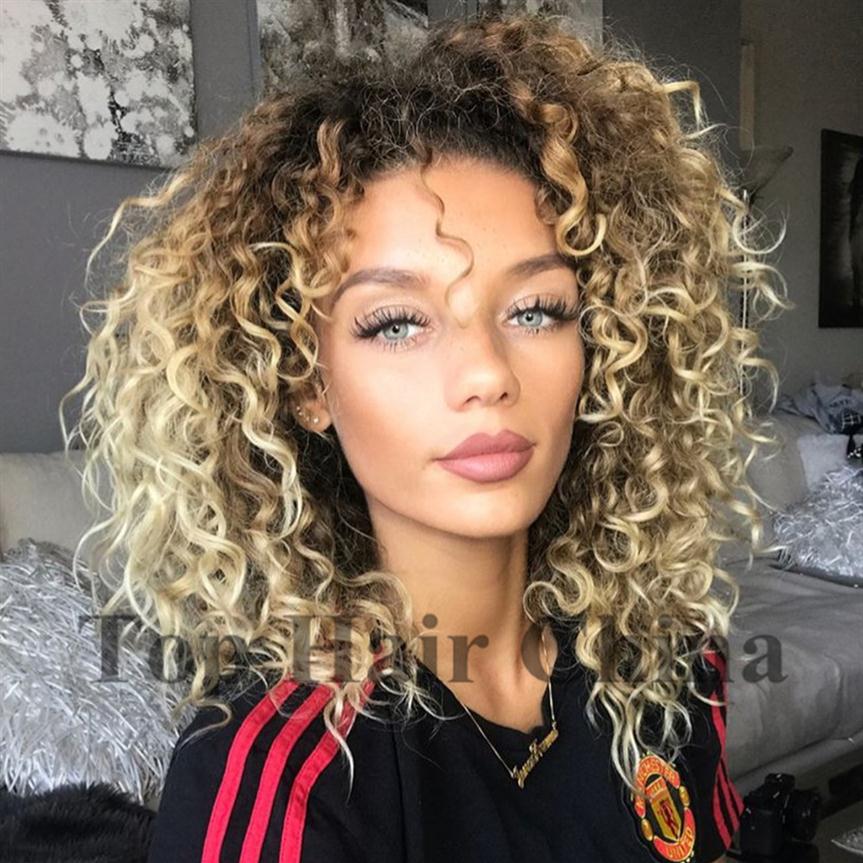

Top hair China Brazilian Ombre Blonde Wig Afro Kinky Curly Like Human Hair Wigs for Black Women Glueless Full Wig With Bang in sto255y, Synthetic wig-picture color