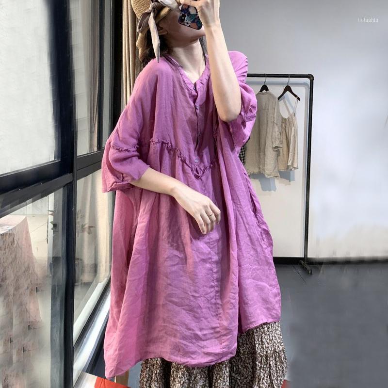 

Women's Blouses & Shirts Johnature Women Ramie Bat Sleeve And Tops Solid Color 2022 Summer O-Neck Clothes Vintage, Purple