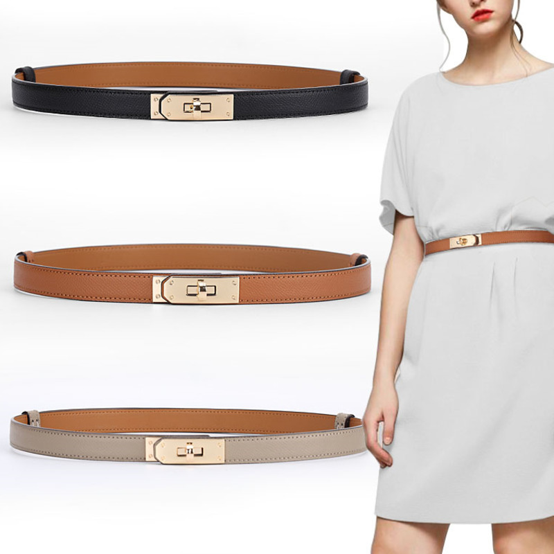 

2022 New Luxury Brand High Quality Women Real Leather 1.8cm Width Belts Golden Lock Buckle Dress Jeans Sweater Waistband Belt 0613, Black
