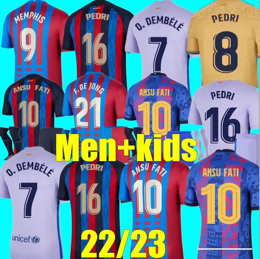 

21 22 23 ANSU FATI Camisetas de football soccer jersey MEMPHIS Barcelona PEDRI Kun Aguero 2021 2022 2023 F.DE JONG Barca DEST kit shirts adult men kids kits sets third, 22/23 kids home+champion patch