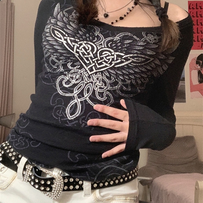 

Tawnie Y2K Fairy Grunge Autumn Crop Top Printed Long Sleeve T Shirt Women Casual Grafic Tops Harajuku Vintage Clothes 220321, Black