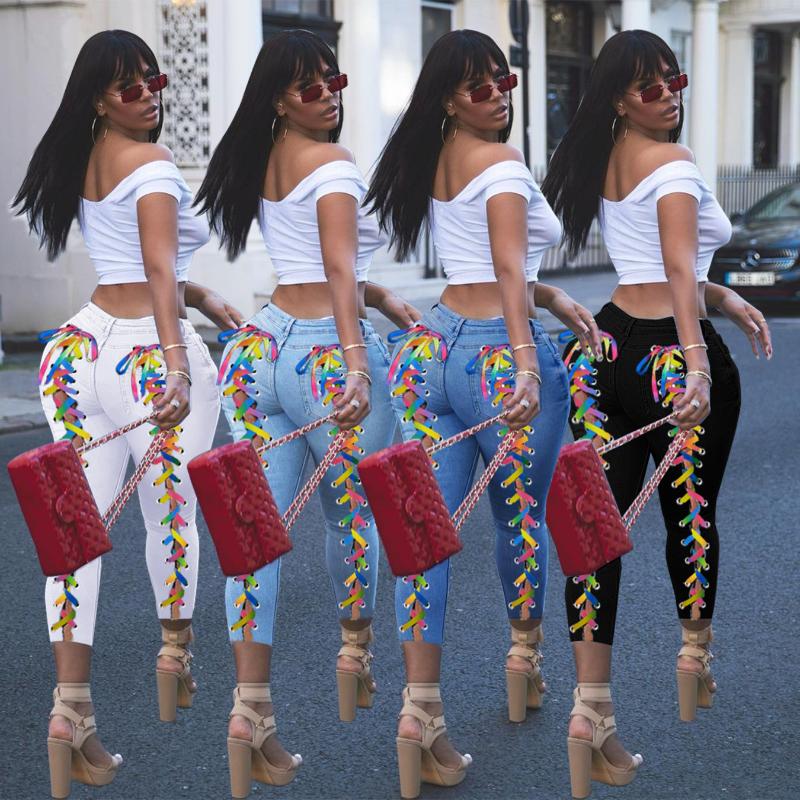 

Women' Jeans Woman Denim Jean Pencil Pants Back Colorfull Stripes Lace Up Front Hollow Out Trousers -3XL 4Color, Black
