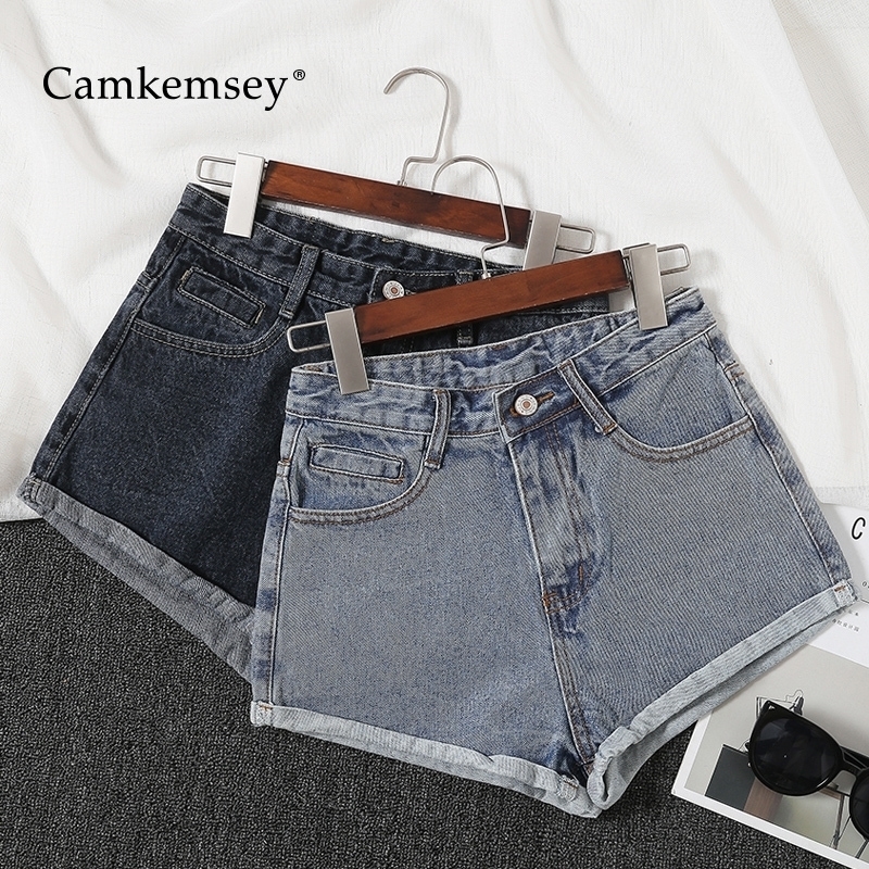 

CamKemsey Classic Hemming High Waist Denim Shorts Women Summer Style Fashion Cuffed Casual Cotton Denim Jeans Shorts Y200822, Blue