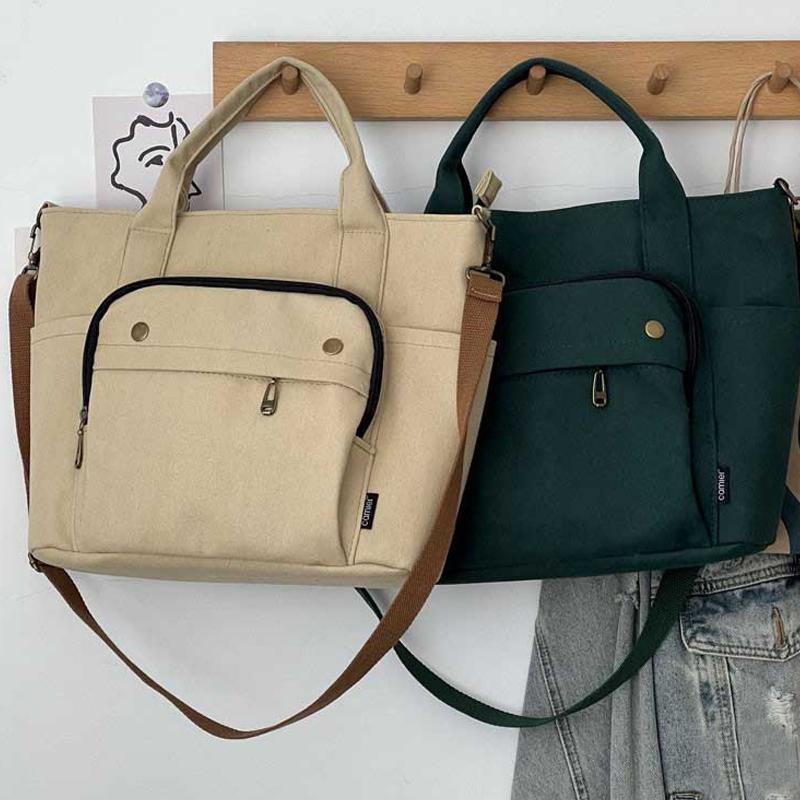 

Evening Bags Corduroy Shoulder Bag Men Women Canvas With Outer Pocket Literary Tote Schoolbag Female Crossbody Zipper Messenger BagEvening, Beige