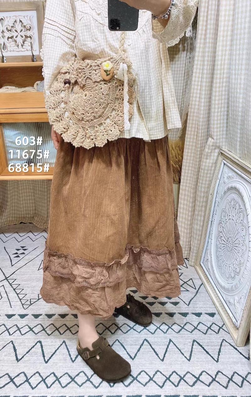 

Skirts Autumn Winter Women Corduroy A-line Skirt Japanese Style Literature Vintage Loose Lace Embroidery, Beige